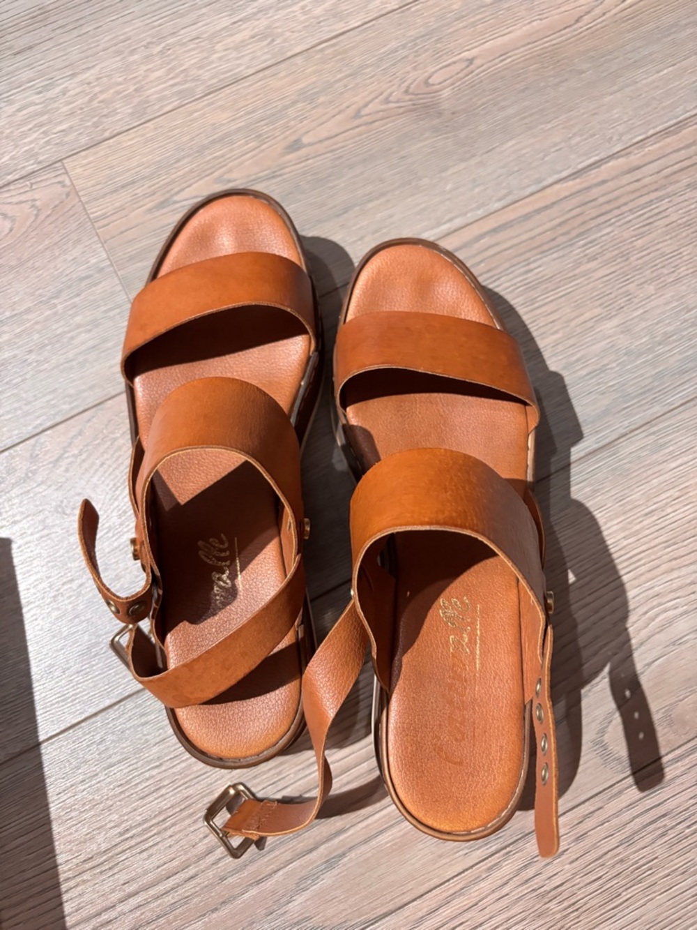 L'INTERVALLE Cognac Leather Double-Strap Sandals